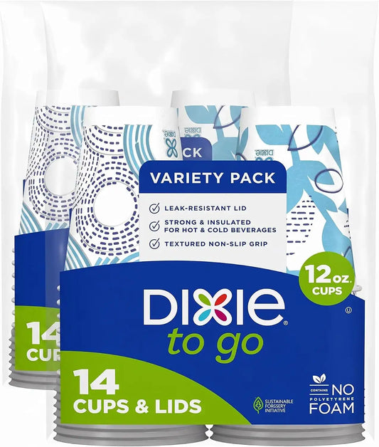 Dixie Paper Coffee Cups With Lids, 12 oz | 14 Count | Pack of 2 | Insulated | For Hot or Cold