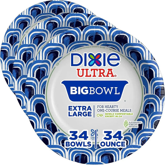 Dixie Ultra Extra Large Paper Bowls, 34 oz, 34 Count, Compostable, Microwave Safe, Disposable Bowls for Heavy Meals, Soups, Stews, and Everyday Use (Pack of 3)