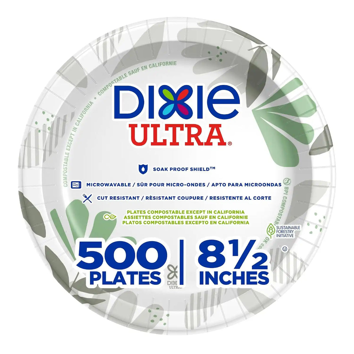 Dixie Ultra 8.5 Inch Heavy-Weight Paper Plates By GP PRO, Pathways Botanical Design, 500 Count (125 Disposable Plates Per Pack, 4 Packs Per Case), SXP9PATH