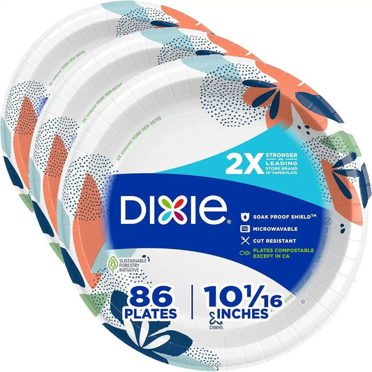 Dixie Paper Plates, Large 10 Inch | 2X Stronger | Microwave-Safe | Soak-Proof | 86 Count, Pack of 3