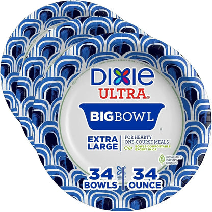 Dixie Ultra Extra Large Paper Bowls, 34 oz, 34 Count, Compostable, Microwave Safe, Disposable Bowls for Heavy Meals, Soups, Stews, and Everyday Use (Pack of 3)